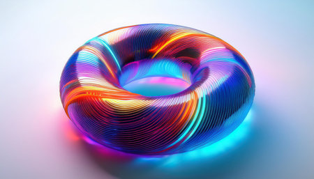 Vibrant 3D Abstract Torus with Flowing Neon Lines: Modern Digital Art for Backgrounds, Wallpapers, and Creative Design Projectsの素材