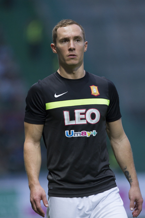 BANGKOK,THAILAND:August 2015:Matthew Smith of Bang kokgass fc during football Chang FA Cup round of 16 teams between BANGKOK GLASS FC and BURIRAM UNITED at LEO Stadium on August,12,2015inThailand.のeditorial素材