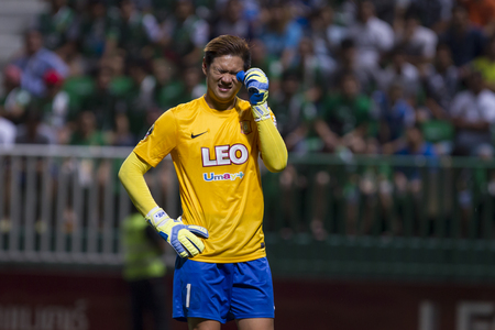 BANGKOK,THAILAND:August 2015:Narit ThawikunGK of Bang kokgass fc during football Chang FA Cup round of 16 teams between BANGKOK GLASS FC and BURIRAM UNITED at LEO Stadium on August,12,2015inThailand.のeditorial素材