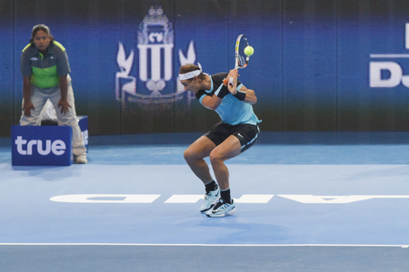 BANGKOK,THAILAND:October;2015:Rafael Nadal Spain  in action tennis back to Thailand Nadal vs Djokovic Presentend by TRUE at Indoor Stadium Huamark on October,2,2015:Thailand.のeditorial素材