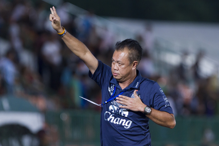 BANGKOK,THAILAND:APRIL;2016:newin chitchop President of Buriram during football Toyota League cup between Army FC and BURIRAM UTD. , at Army Stadium on April 10,2016:Thailand.のeditorial素材