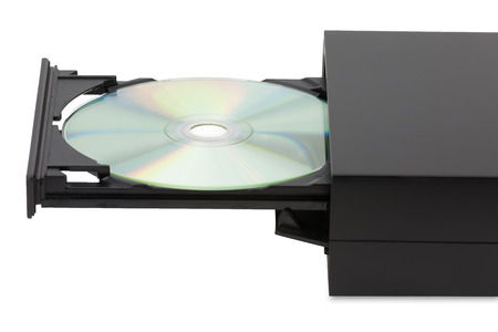 External black CD-DVD player on white background at horizontal angle
