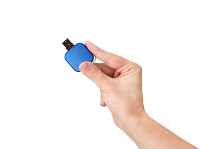 Blue flash memory on hand with isolated white background. Front view