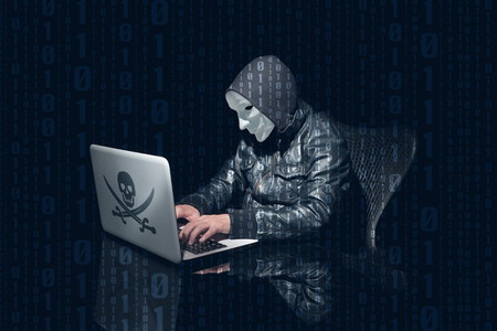 Masking anonymous hacking and using computer to hack passwords. Side perspective. Dark background and binary 0 and 1の写真素材
