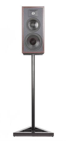 Audio studio stands for monitors and a professional old speaker. Pa System Speaker. Isolated white backgroundの写真素材