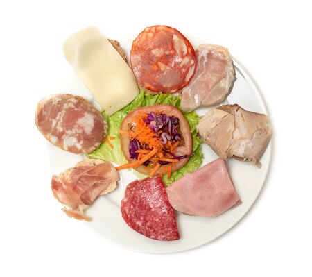 Several charcuterie with salad on an insulated white background. Top viewの写真素材