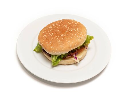 Hamburger on a plate with an isolated white background. Top viewの写真素材