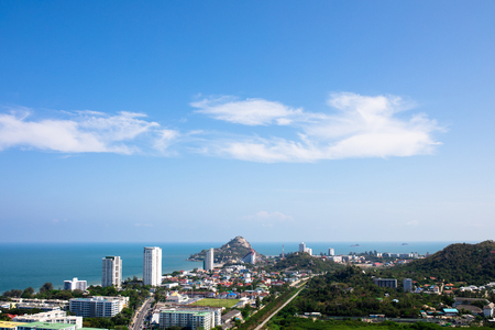 Cityscape and sea view from high view at Huahin Thailand with blue sky in sunshine dayの写真素材