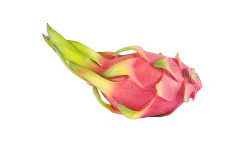 A BRIGHTLY COLORED DRAGON FRUIT AGAINST WHITE BACKGROUNDの写真素材