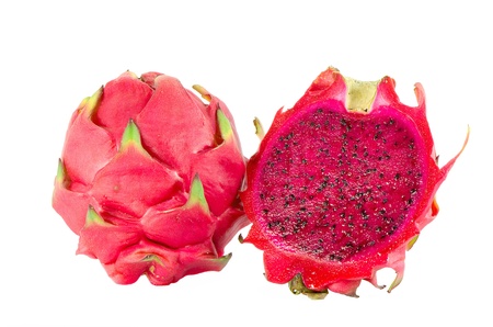 Healthy red dragon fruit against white backgroundの写真素材