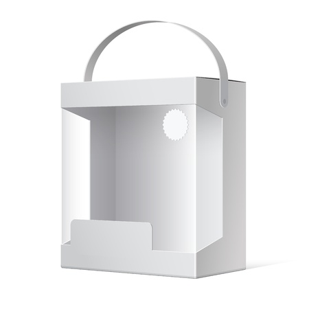 Light Realistic Package Cardboard Box with a handle and a transparent plastic window illustrationのイラスト素材