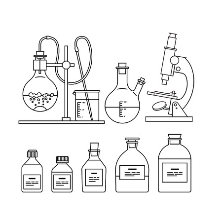 chemical glassware icons set. The test tube, beaker, flask, stand, burner and microscopeのイラスト素材