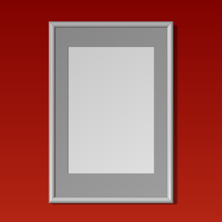 Realistic White vertical frame with passe-partout for paintings or photographs hanging on the wall. On a red background. Vector illustration.のイラスト素材