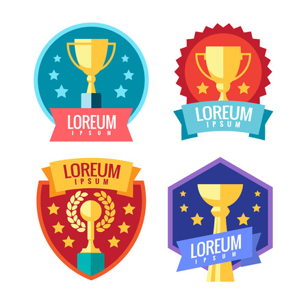 Cup winner logo. Emblems set. The idea of achieving victory. Logo competition. Trophy in flat style. Vector sign template.のイラスト素材