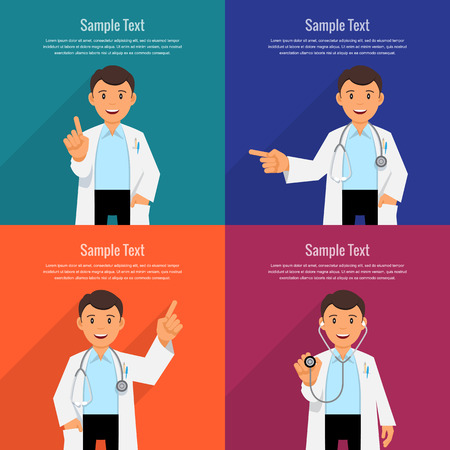 Character doctor in a white coat with a stethoscope. Set banner for health care. Vector illustration. Flat Designのイラスト素材