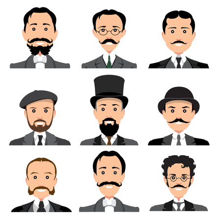 Vintage gentleman portrait set. Retro Collection of diverse male faces. Design flat avatar for social media. Vector illustration.のイラスト素材