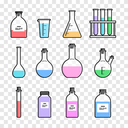 Set chemical flask. Erlenmeyer flask, distilling flask, volumetric flask, test tube. Vector illustration.のイラスト素材