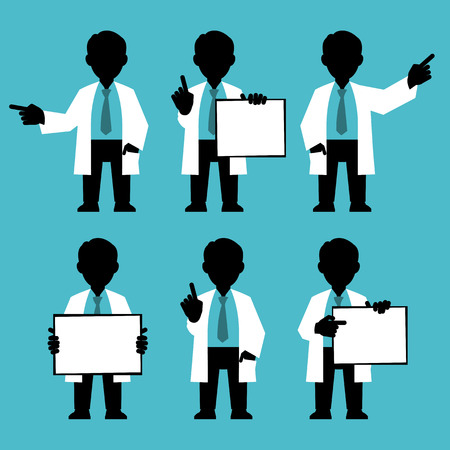 Silhouettes set. Character IT specialist, scientist, doctor, engineer. Set of different poses and gestures paying attention or point to anything. Vector illustration of a man in a white coat. Flat style.のイラスト素材