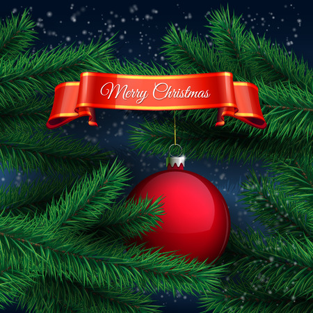 Red ball and Christmas tree. Merry Christmas template greeting card. Vector illustration.のイラスト素材