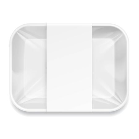 White Styrofoam Food Tray pack with film and label for branding. Template For Mock up Your Design. vector illustration.のイラスト素材
