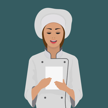 Girl cook keeps a piece of paper. Vector illustration in flat styleのイラスト素材