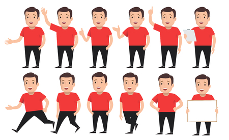 Set of a guys in different poses and gestures paying attention or point to anything. A characters in casual clothes . Vector illustration. flat styleのイラスト素材