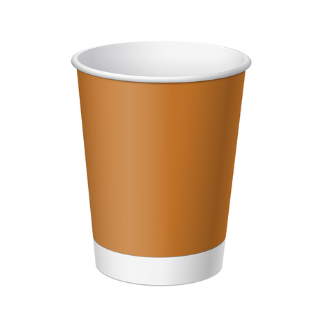 Realistic White Disposable paper Cup with a brown wrapper. For various hot drinks, coffee, cappuccino, cacao or tea. Mockup for brand template. vector illustration.のイラスト素材