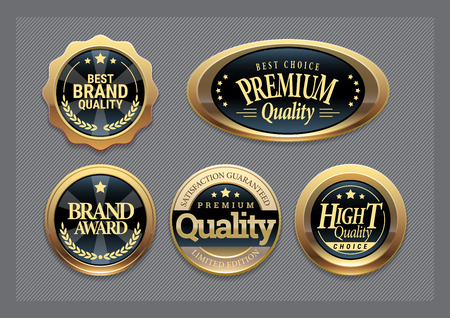 Golden badges collection. Quality markers. Vector illustrationのイラスト素材