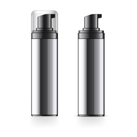 Realistic black Cosmetic bottle can sprayer container. Dispenser for cream, soups, foams and other cosmetics With lid and without. Template For Mock up Your Design. vector illustration.のイラスト素材