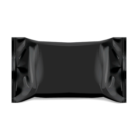 Realistic Black Blank template Packaging Foil for wet wipes. realistic foil package. Package for food. Template For Mock up Your Design. 3D illustration. Vector illustrationのイラスト素材