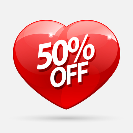 Shiny gloss red heart. Sale of special offers. Discount with the price is 50. An ad with a red tag for an advertising campaign at retail on the day of purchase. vector illustrationのイラスト素材