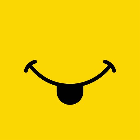 Smile emoticon show tongue mouth on yellow background. Yummy emoji tasty or hungry smile. Vector illustration.のイラスト素材