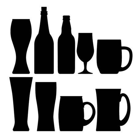 Set various craft beer bottles, mugs and glases silhouette. Different shapes and sizes. vector illustrationのイラスト素材