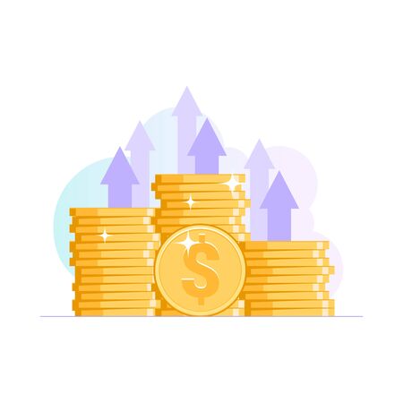 Stacks of coins with arrows pointing up. The concept of profit and financial growth or trading. Illustration in flat style. Vectorのイラスト素材