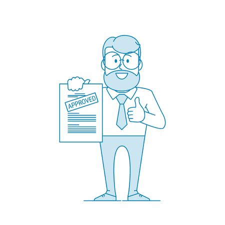 Happy man shows a document with the inscription approved. Getting permission. Character - a man in glasses and with beard. Office worker in a shirt with a tie. Illustration in line art style. Vectorのイラスト素材