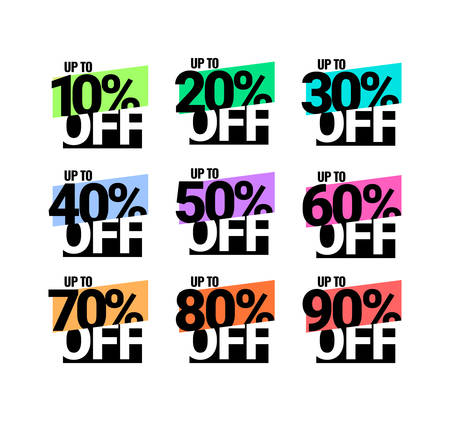 Sale of special offers. The discount with the price is from 10 to 90 percent. A set of stickers for a retail advertising campaign on the day of purchase. Vector illustrationのイラスト素材