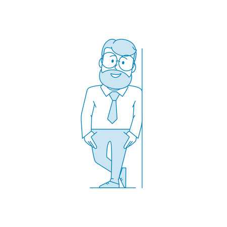 Man is leaning against the wall. Man with glasses and a beard holds his chin with his hand. Manager or office worker in a shirt with a tie. Illustration in line art style. Vectorのイラスト素材