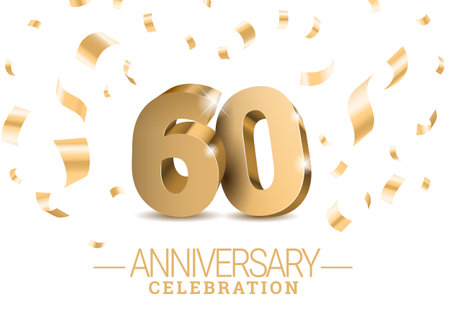 Anniversary 60.gold 3d dancing numbers. Poster template for Celebrating 60th anniversary event party. Vector illustrationのイラスト素材