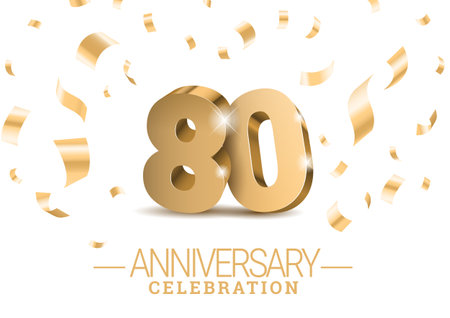 Anniversary 80.gold 3d dancing numbers. Poster template for Celebrating 80th anniversary event party. Vector illustrationのイラスト素材