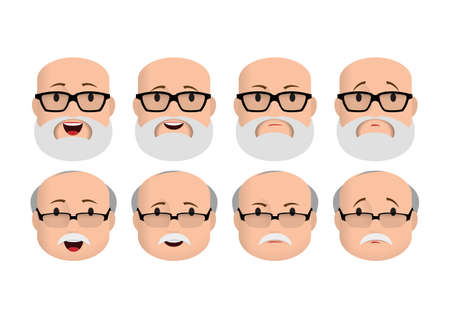 Faces icons. Old man character with different emotions.のイラスト素材