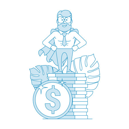 Financial consultant or investor stands on a stack of coins.のイラスト素材