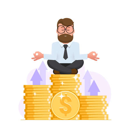 A financial advisor or investor sits cross-legged and meditates to raise money. Successful businessman or modern entrepreneur. Services Financial consulting and savings. Flat Vector Illustrationのイラスト素材