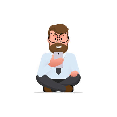 Smiling man browses the news on a smartphone, sitting on the floor with legs crossed. Social Networking Concept. Character - a man with a beard and glasses. Illustration in line art style. Vectorのイラスト素材