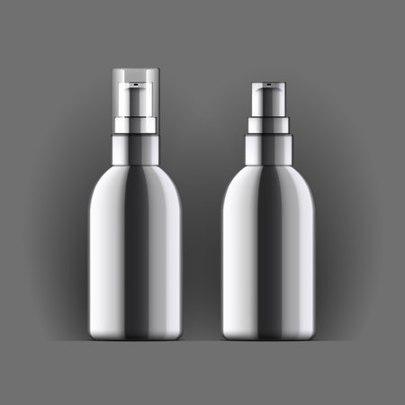 Realistic glossy black Cosmetic bottle can sprayer container. Object on a black backgraund. Dispenser for other cosmetics With lid and without. Template For Mock up. vector illustration.のイラスト素材