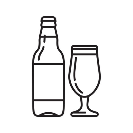 Alcohol drinks icon. Bottles and glasses with beer. Symbol or emblem. vector Outline illustrationのイラスト素材