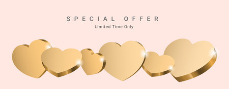 Composition of golden hearts. Poster design for Valentine's Day or a gift for a loved one. Promotion poster horizontal design template. Vector illustrationのイラスト素材