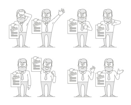 Man shows a document. Variant with an approved inscription and rejection. Getting permission. Character - a man with glasses and a beard. Office worker. Illustration in line art style. Vectorのイラスト素材