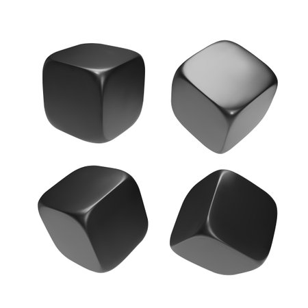Black realistic 3d cube. Icon in flight closeup isolated on white background. Vector illustration.のイラスト素材