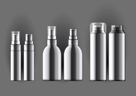 Realistic glossy black Cosmetic bottle can sprayer container. Object on a black backgraund. Dispenser for other cosmetics With lid and without. Template For Mock up. vector illustration.のイラスト素材