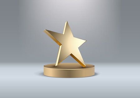 Golden 3d star on a round pedestal. Template for a poster or advertising layout of an award ceremony. Free space for text. Vector illustrationのイラスト素材